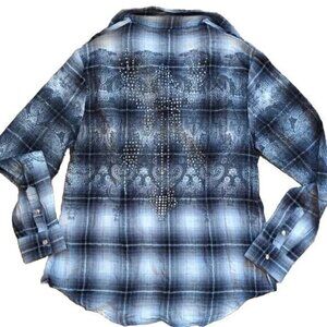 Raw7 Y2K Women's Snap Buttons Shirt Rhinestones Eagle Plaid Cotton Gauze XL